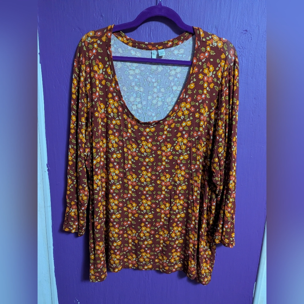 💜 Cato Burgundy Orange Red Floral Long Sleeve Top 22 24 3X
